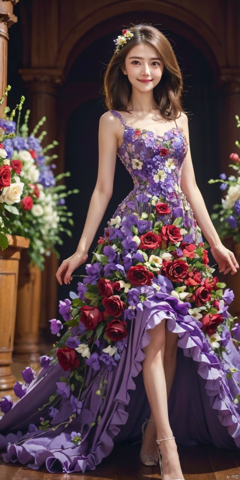  best quality, masterpiece, cowboy_shot,(Good structure), DSLR Quality,Depth of field,kind smile,looking_at_viewer,Dynamic pose, 

flower,purple rose,purple flower,hair flower,hair ornament,
, , weddingdress, , whitedress, ,, dress, yuanyuan,red dress
