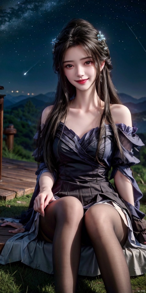  best quality, masterpiece, ,(Good structure), DSLR Quality,Depth of field,kind smile,looking_at_viewer,Dynamic pose, realistic ,
On the mountaintop, you can see the starry sky, and a beautiful girl is sitting on the grass. It is a masterpiece of a master, with stunning beauty, eye close-up, natural beauty, long legs, and short skirt, ,blackpantyhose, , limuwan