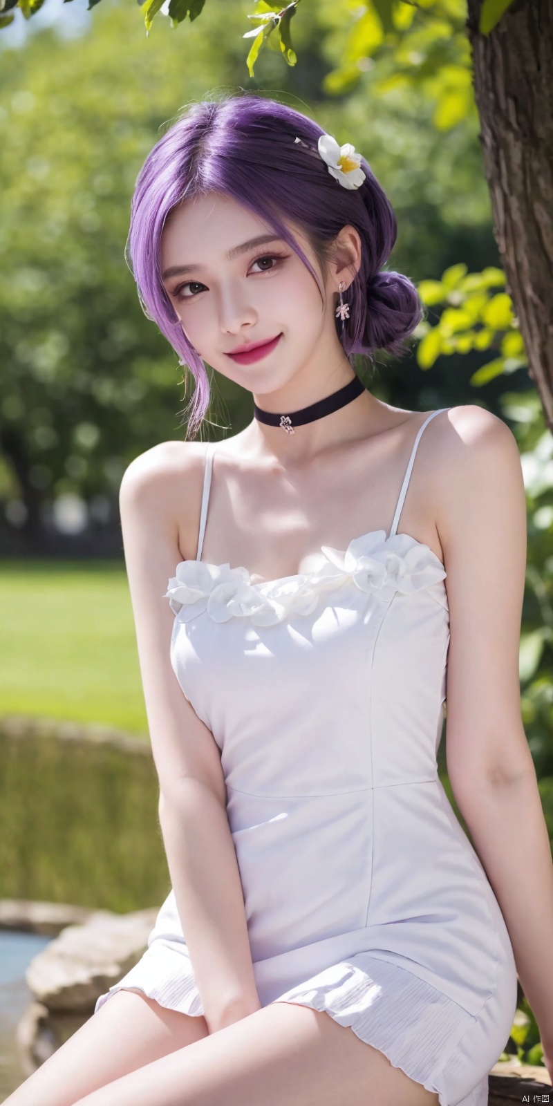  best quality, masterpiece, cowboy_shot,(Good structure), DSLR Quality,Depth of field,kind smile,looking_at_viewer,Dynamic pose, 
1girl, solo, long hair, breasts, looking at viewer, bangs,   hair ornament, dress, ribbon,  , bare shoulders, twintails, jewelry, medium breasts, sitting, very long hair, purple eyes, collarbone, hair ribbon, purple hair, flower, thighs, earrings, outdoors, parted lips, sleeveless, choker, hand up, hair flower, water,  white dress, bare arms, petals,  , sleeveless dress, black choker, short dress, frilled dress, white flower, purple ribbon, spaghetti strap,
,jiuhuangnv,white_hair,short_hair