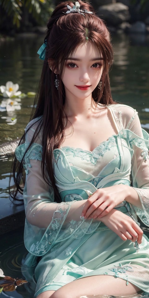  best quality, masterpiece, realistic,,(Good structure), DSLR Quality,Depth of field,kind smile,looking_at_viewer,Dynamic pose, 
1girl, solo, long hair, looking at viewer, bangs, brown hair, long sleeves, dress, ribbon, green eyes, collarbone, hair ribbon, flower, outdoors, lying, parted lips, puffy sleeves, on back, water, white dress, red ribbon, parted bangs, petals, white flower, partially submerged, layered sleeves, short over long sleeves, , yeqinxian