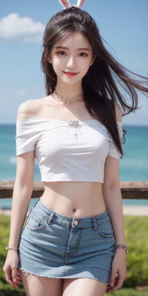 best quality, masterpiece, cowboy_shot,(Good structure), DSLR Quality,Depth of field,kind smile,looking_at_viewer,Dynamic pose, 
,Short skirt,Blue sky, white clouds, ocean, nai3, 1girl, solo, crop top, , choker, navel, shirt, midriff, crop top overhang, looking at viewer, white shirt, jewelry, breasts, bare shoulders, off-shoulder shirt, off shoulder, black choker, thighs, stomach, long hair, bracelet, short sleeves, ribbon, hand up, collarbone, hair ribbon, medium breasts, , bra strap, , hair ornament, thigh gap, necklace, expressionless, , ,, ,rabbitears,longhair , , xiaowu