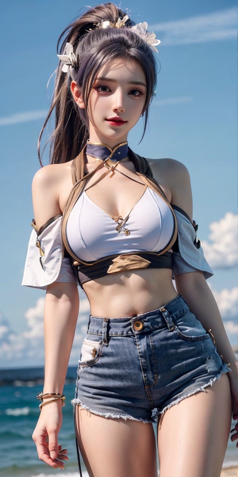 cowboy_shot,(Good structure),, Blue sky, white clouds, ocean,nai3, 1girl, shorts, solo, crop top, black shorts, choker, navel, shirt, midriff, crop top overhang, looking at viewer, white shirt, jewelry, breasts, bare shoulders, short shorts, off-shoulder shirt, off shoulder, black choker, thighs, stomach, hand on own thigh, long hair, bracelet, short sleeves, ribbon, hand up, collarbone, hair ribbon, medium breasts, standing, high-waist shorts, dolphin shorts, bra strap, , hair ornament, thigh gap, necklace, expressionless, , ,kind smile, , , hanyue, high ponytail, purple hair,