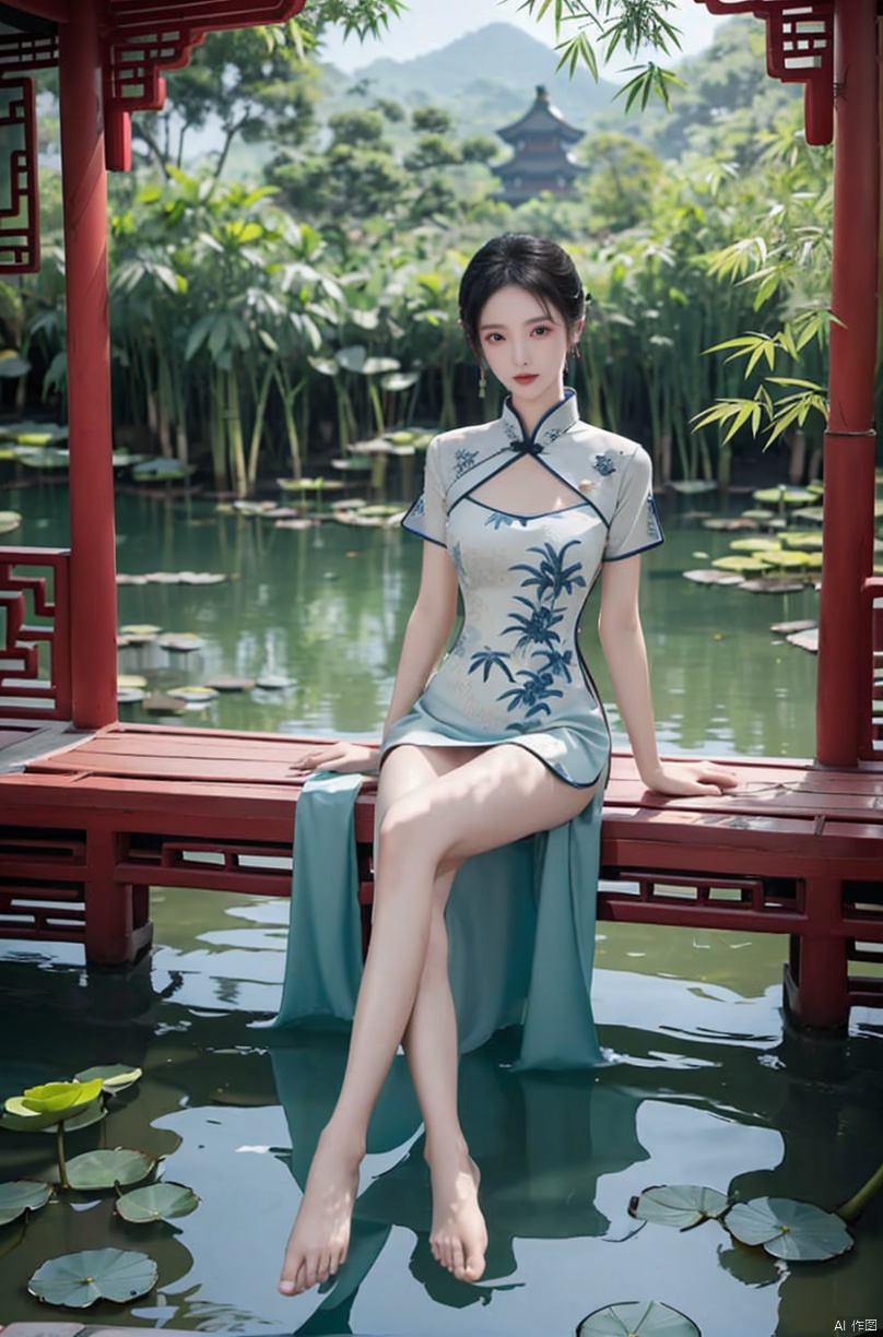 (sunlight, beautiful sky, floating hair, Fisheye lens lens, dynamic angle, distant view, panorama ,overlook,barefoot), ((Ancient_Chinese_architecture)), (short sleeves),with a combination of Morgan colors, Qiu Ying's painting style, And high end color matching, ((A beautiful girl sitting on a bamboo raft in the water, swimming downstream, Huge lotus, rain, (full body), aqua_china_dress)), (bright light,fantasy), ((spotted light)),1 girl, ((black hair, shy, blush)), Detail, , jinchen, chinese dress