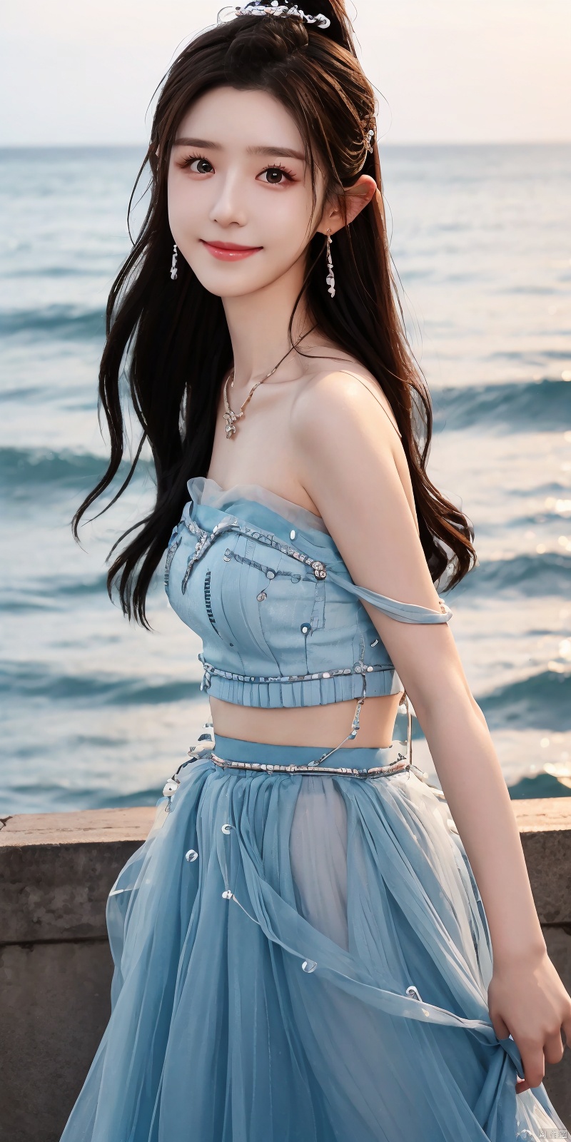  best quality, masterpiece, realistic,cowboy_shot,(Good structure), DSLR Quality,Depth of field,kind smile,looking_at_viewer,Dynamic pose, 
1girl, solo, long hair, , looking at viewer, skirt, hair ornament, bare shoulders, jewelry, , black hair, earrings, outdoors, midriff, water, necklace, lips, crop top, grey eyes, leaning forward, ocean, white skirt, strapless vest, sunset, sun, ,  , dress,blue dress, , hanikezi