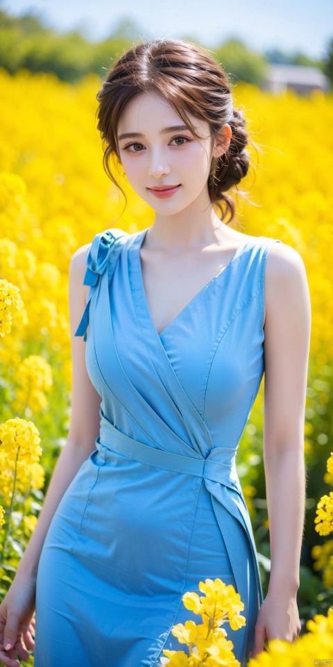 cowboy_shot,(Good structure),standing in a sea of rapeseed flowers, charming eyes, kind smile, surrounded by blooming yellow rapeseed flowers, forming a beautiful picture, high quality picture, full HD picture, 8K resolution, photorealistic, intricate details, sharp focus, vibrant colors, trending on ArtStation, trending on CGSociety, by Greg Rutkowski, Midjourney, Jeremy Mann, Antonio Moro, Ed Blinkey, Atey Ghailan, Studio Ghibli, heart professional majestic oil painting, popular on DeviantArt, concept art, artwork., lvshui-blue dress, Light master, (\meng ze\), 1girl, ((poakl)), nazha