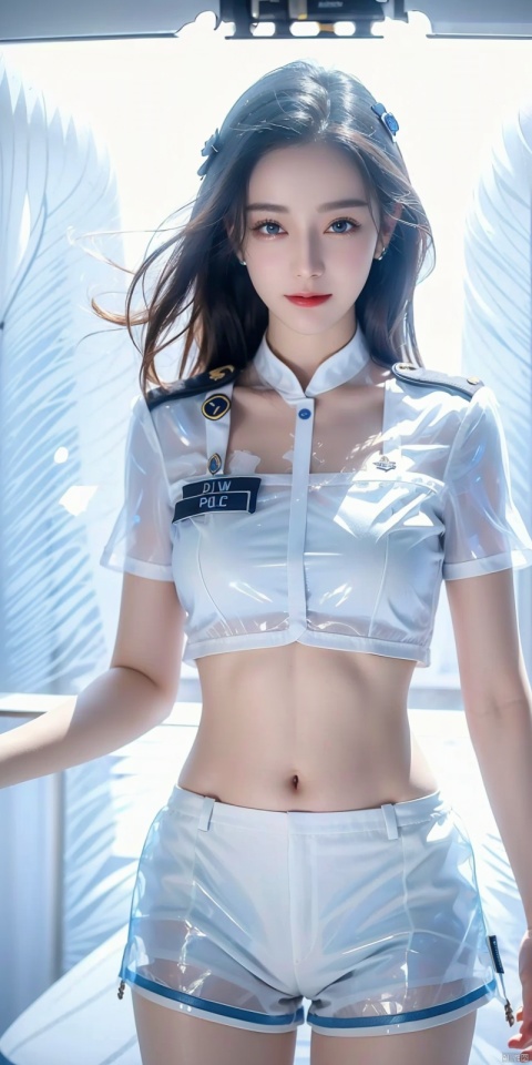  DSLR, (Good structure), ,High quality, masterpiece, 1Girl, Earstuds, blue eyes,Earstuds, blue eyes, black hair, (translucent white police uniform: 1.5), navel exposed, (translucent shorts: 1.3), thigh exposed, (supermodel pose),smile,(solo),（Different postures）,(Perfect hand lines),, 1 girl, ,, dililengba