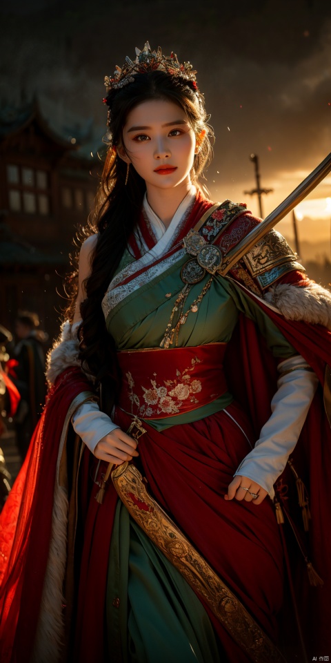 best quality, masterpiece, realistic,cowboy_shot,(Good structure), DSLR Quality,Depth of field,kind smile,looking_at_viewer,Dynamic pose, 
, 1girl,Wearing a jade crown, shining silver armor, and wearing a lion headband. Treading towards the sky with cow tendon boots; Wearing a crimson cloak on her shoulders, carrying a three foot green blade on her waist, and carrying an iron tire bow on her back, coupled with her tall figure and resolute expression,Facing the camera, liuyifei,  