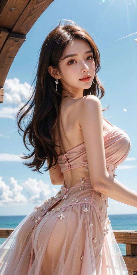  (Good structure),cowboy_shot, DSLR Quality,Depth of field ,looking_at_viewer,Dynamic pose, , kind smile,1girl,solo,beautiful face,brown eyes,brown hair,lips,bare shoulders,collarbone,Milky skin,shiny skin,diamond pendant,diamond earrings,floating long hair,looking back, , dress,see through,blue sky,white clouds,lightyellow and lightpink flowers,light particles,sparkle,realistic,ultra realistic and detailed,high detail texture,Ultra high quality,from_below,fisheye,constellation,  ((poakl)), dress, 1girl, sunyunzhu