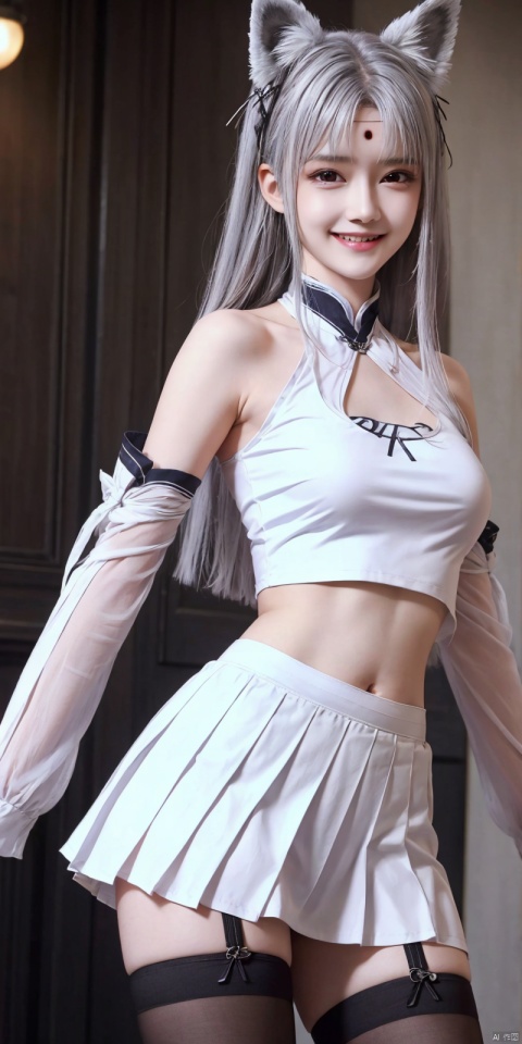 best quality, masterpiece, realistic,cowboy_shot,(Good structure), DSLR Quality,Depth of field,kind smile,looking_at_viewer,Dynamic pose, 
1girl, solo, breasts, looking at viewer, blush,   skirt,  shirt, thighhighs, navel, holding, animal ears, bare shoulders, underwear, standing, panties, tail, , white shirt, thighs,, pleated skirt, , sleeveless, midriff, black thighhighs, indoors, miniskirt, stomach, white panties, grin, crop top, animal ear fluff, bare arms, fox ears, sleeveless shirt, fox tail, halo, pantyshot, white skirt, fox girl, brown thighhighs, cheerleader, pom pom \(cheerleading\), crop top overhang, holding pom poms,   , xiaoyixian,white_hair, blackpantyhose