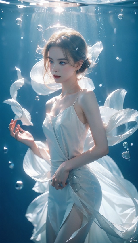  (1girl:1.2),stars in the eyes,(pure girl:1.1),(white dress:1.1),(full body:0.6),There are many scattered luminous petals,bubble,contour deepening,(white_background:1.1),cinematic angle,nike,underwater,adhesion,green long upper shan,