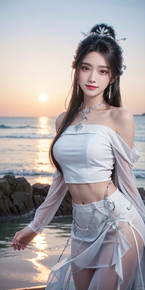  (Good structure),cowboy_shot, DSLR Quality,Depth of field ,looking_at_viewer,Dynamic pose, , kind smile,,
1girl, solo, long hair, , looking at viewer, skirt, hair ornament, bare shoulders, jewelry, , black hair, earrings, outdoors, midriff, water, necklace, lips, crop top, grey eyes, leaning forward, ocean, white skirt, strapless vest, sunset, sun, , luxueqi