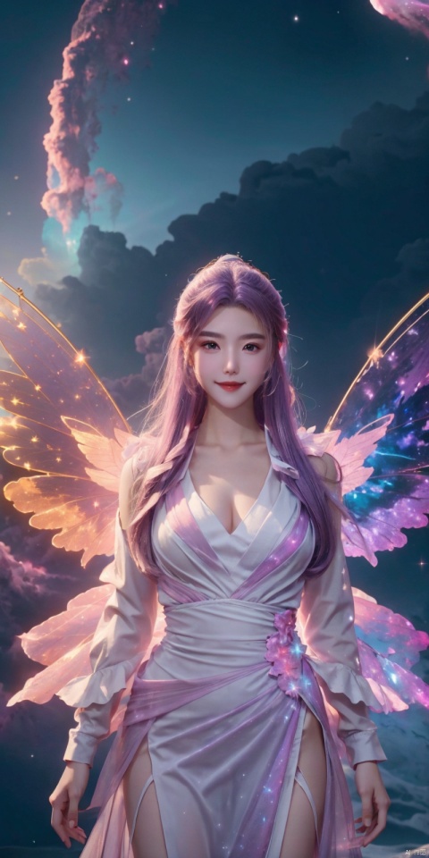  (Good structure), DSLR Quality,Depth of field,kind smile,looking_at_viewer,Dynamic pose, 1girl, wings, solo, nebula wings, , long hair, navel, dress, pink wings, looking at viewer, star \(sky\), , , bare shoulders, sky, starry sky, collarbone, realistic, nebula,,, , xuancaiqun, , yunxiao,purple_hair