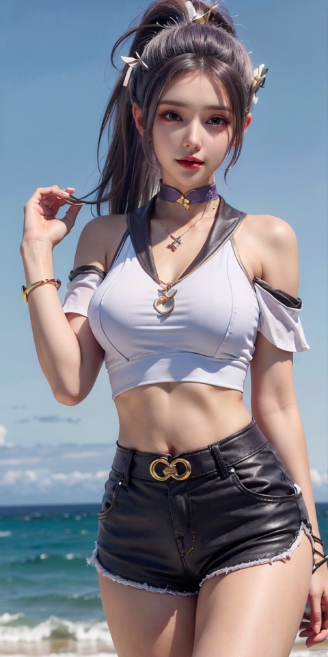 cowboy_shot,(Good structure),, Blue sky, white clouds, ocean,nai3, 1girl, shorts, solo, crop top, black shorts, choker, navel, shirt, midriff, crop top overhang, looking at viewer, white shirt, jewelry, breasts, bare shoulders, short shorts, off-shoulder shirt, off shoulder, black choker, thighs, stomach, hand on own thigh, long hair, bracelet, short sleeves, ribbon, hand up, collarbone, hair ribbon, medium breasts, standing, high-waist shorts, dolphin shorts, bra strap, , hair ornament, thigh gap, necklace, expressionless, , ,kind smile, , , hanyue, high ponytail, purple hair,