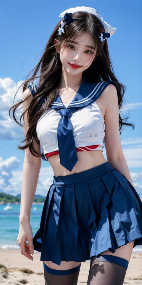 (Good structure), DSLR Quality,Depth of field,kind smile,looking_at_viewer,Dynamic pose,,
,Blue sky and white clouds on the beach,(high-detail skin) , 8K ultra-hd, , high quality, high resolution,(photo realistic: 1.3) 
, sailor senshi uniform,blue bow,blue necktie,blue sailor collar,blueskirt,black pantyhose, ,, 1girl,  zhangyuanying