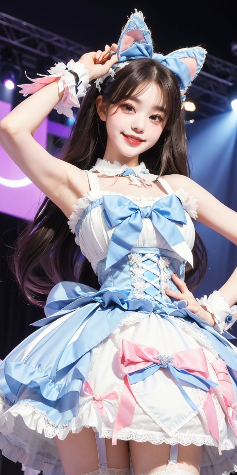  (Good structure), DSLR Quality,Depth of field,kind smile,looking_at_viewer,Dynamic pose, ,(wariza),,Girl, bare shoulders, , boobs, bow tie, ,purple eyes, cat ears, collar, ((Lolita Dress: 1.4)) , blue and white Lolita dress, wrinkled leg outfit, hand-held, lips, nose, shoulders, , alone, long_hair, kind smile, looking at the audience, white leg costume, wrist cuffs, 1girl,,looking_at_viewer, , lolidress , zhangyuanying