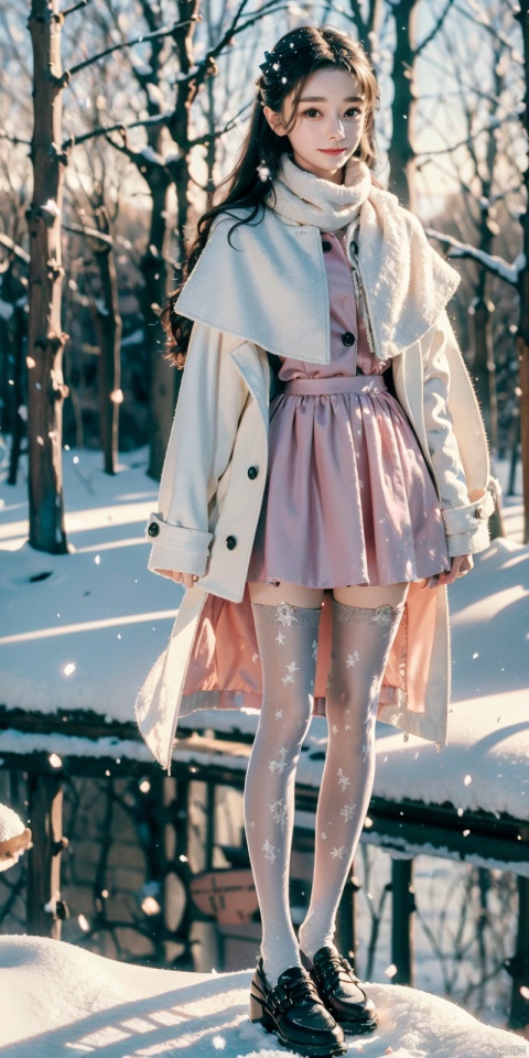  1 girl,Transparent skirt,pink face,stockings,(snow:1.2),(snowing:1.2),peach blossom,snow,solo,scarf,pink hair,smile,long hair,bokeh,realistic,long coat,blurry, captivating gaze, embellished clothing, natural light, shallow depth of field, romantic setting, dreamy pastel color palette, whimsical details, captured on film,. (Original Photo, Best Quality), (Realistic, Photorealistic: 1.3), Clean, Masterpiece, Fine Detail, Masterpiece, Ultra Detailed, High Resolution, (Best Illustration), (Best Shadows), Complex, Bright light, modern clothing, (pastoral: 1.3), smiling,standing,(very very short skirt:1.5),knee socks,(white shoes: 1.4),long legs, forest, grassland,(view: 1.3), 21yo girl, striped, , capricornus, 1girl, light master, Light master, ((poakl)), , heben, brown hair, blackpantyhose