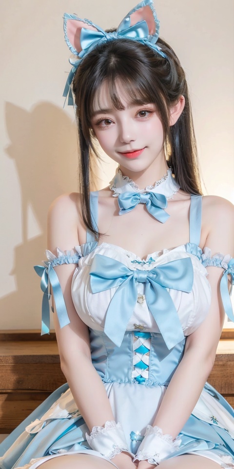  (Good structure), DSLR Quality,(wariza),,Girl, bare shoulders, blue hair, boobs, bow tie, brown eyes, cat ears, collar, ((Lolita Dress: 1.4)) , blue and white Lolita dress, wrinkled leg outfit, hand-held, lips, nose, shoulders, , alone, two-tailed, kind smile, looking at the audience, white leg costume, wrist cuffs, 1girl,,looking_at_viewer, xuner