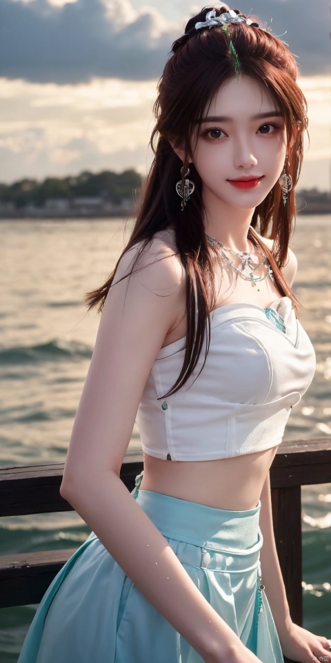  best quality, masterpiece, realistic,cowboy_shot,(Good structure), DSLR Quality,Depth of field,kind smile,looking_at_viewer,Dynamic pose, 
1girl, solo, long hair, , looking at viewer, skirt, hair ornament, bare shoulders, jewelry, , black hair, earrings, outdoors, midriff, water, necklace, lips, crop top, grey eyes, leaning forward, ocean, white skirt, strapless vest, sunset, sun, ,  , yeqinxian,brown_hair