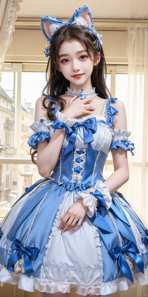  (Good structure), DSLR Quality,Depth of field,kind smile,looking_at_viewer,Dynamic pose, ,(wariza),,Girl, bare shoulders, , boobs, bow tie, ,purple eyes, cat ears, collar, ((Lolita Dress: 1.4)) , blue and white Lolita dress, wrinkled leg outfit, hand-held, lips, nose, shoulders, , alone, long_hair, kind smile, looking at the audience, white leg costume, wrist cuffs, 1girl,,looking_at_viewer, , lolidress , guanxiaotong,dress