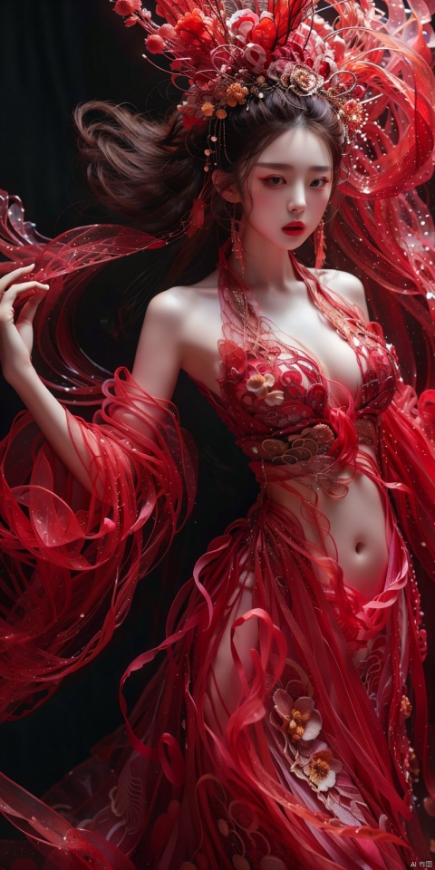 cowboy_shot,(Good structure), DSLR Quality,masterpiece, best quality, girl, solo, long hair,  , sad, medium breasts, Wearing a Chinese belly, Hanfu, exposing the waist, exposing the shoulders, showing the beautiful curves of the female body, photo, real, masterpiece,best quality,official art,extremely detailed CG unity 8k wallpaper, wunv,  nazha, , 1girl