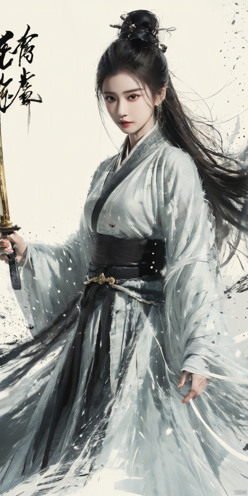  a woman with white hair holding a glowing ball in her hands, white haired deity, by Yang J, heise jinyao, inspired by Zhang Han, xianxia fantasy, flowing gold robes, inspired by Guan Daosheng, human and dragon fusion, cai xukun, inspired by Zhao Yuan, with long white hair, fantasy art style,,Ink scattering_Chinese style, smwuxia Chinese text blood weapon:sw, lotus leaf, (\shen ming shao nv\), gold armor, angel