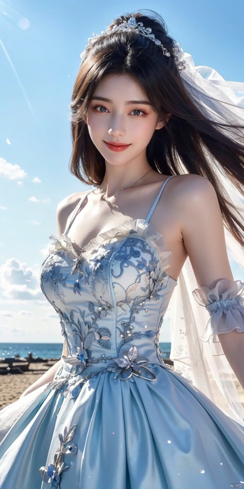 best quality, masterpiece, cowboy_shot,(Good structure), DSLR Quality,Depth of field,kind smile,looking_at_viewer,Dynamic pose, 
, Blue sky and white clouds on the beach,Masterpiece, (ultra wide angle lens: 1.2), Unity8k wallpaper, best quality, (detail shadow: 1.1), a beautiful girl, on a sea of light blue silk, translucent silk, floating light blue silk, surrealist style, minimalism, highly detailed texture, light blue, white clean background, CG rendering, light passing through clouds, 8k resolution, (motion photo: 1.2), (Fidelity: 1.4), original photos, movie lighting, 1girl,, ,,kind smile, , weddingdress, yuechan