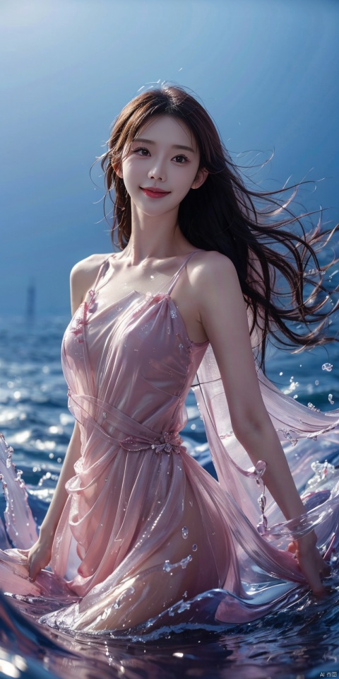 best quality, masterpiece, cowboy_shot,(Good structure), DSLR Quality,Depth of field,kind smile,looking_at_viewer,Dynamic pose, 
(ice art, translucent forms, ephemeral beauty, crystalline textures, delicate craftsmanship, chilling allure),sea,wave,liquid clothes,dress, water dress,,pose for picture,long_hair,kind smile,, liquid clothes, , sd mai, linzhiling