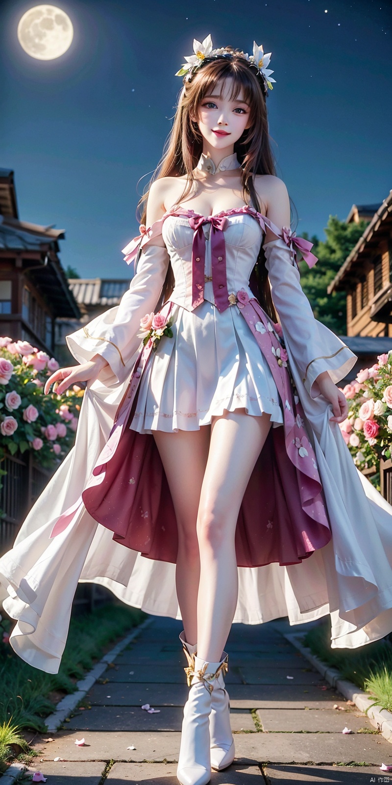  (Good structure),cowboy_shot, 1 girl, Aurora, Bangs, bare shoulders, black shoes, white stockings, blue eyes, boots, bow, chest, (gradual change) , cherry blossoms, City Lights, shut up, clouds, sleeves, clothes, falling flowers, flowers, full moon, (white top hat) , bow, knees, long hair, long sleeves, looking at audience, medium chest, galaxy, Moon, night sky, outdoors, petals, pink flowers, pink roses, railings, roses, rose petals, Meteor, sky, Solo, space, standing, Star (Sky) , star, star print, thigh, long hair, white skirt, white flower, white headdress, tianhu, ((poakl)),,looking_at_viewer,kind smile