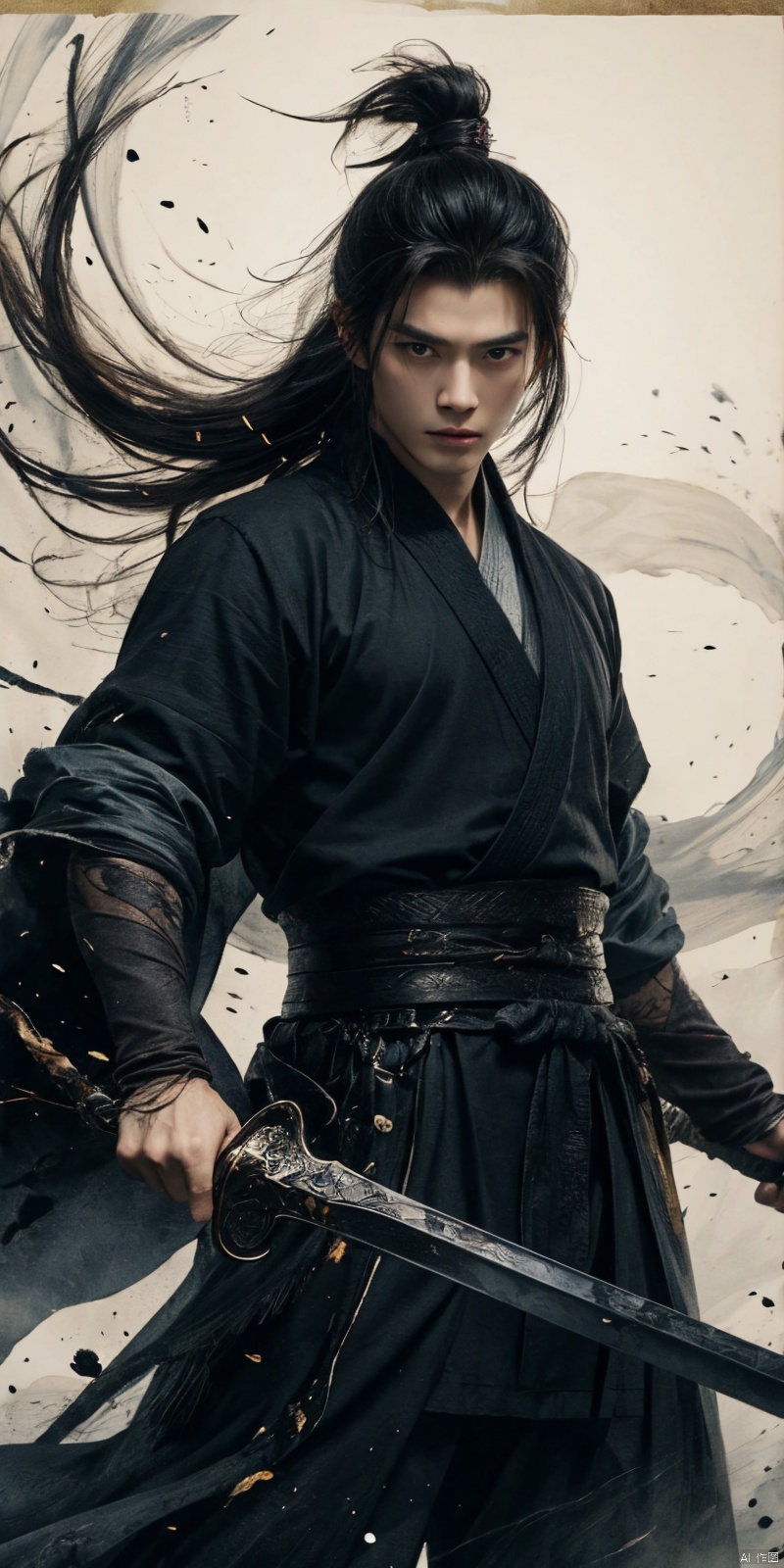  sdmai, wuxia, Chinese ink painting, artistic ink painting, Chinese martial arts films, wearing black robes, fighting posture, cinematic grandeur, splashing details, wild and powerful, solo, weapon, black hair, sword, long hair, male focus, looking at viewer, 1boy, scar, asuo, ((poakl)), 1girl