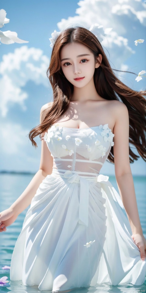 (Good structure), DSLR Quality, depth of field, (1girl:1.2), , very long hair,, yellow eyes, light smile, looking at viewer, white shirt, white skirt, (flying white chiffon:1.5), bare shoulder, (flying blue petals:1.2), (standing above water surface), sky background, (cloud:1.2), white bird, floating water drops, (white border:1.2) , 
backlight, , taoist robe, ll-hd,(((large breasts)), depth of field,, ((poakl)),  dililengba,looking_at_viewer,, 1girl
