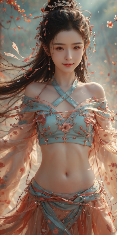  best quality,highly detailed,masterpiece,ultra-detailed,illustration,1girl,solo,extremely detailed,an extremely delicate and beautiful,bare shoulders,8k_wallpaper,best illustration,Bare shoulders,Bare thigh,Bare navel,
, sdmai,chaziyanhong, hanikezi,kind smile
