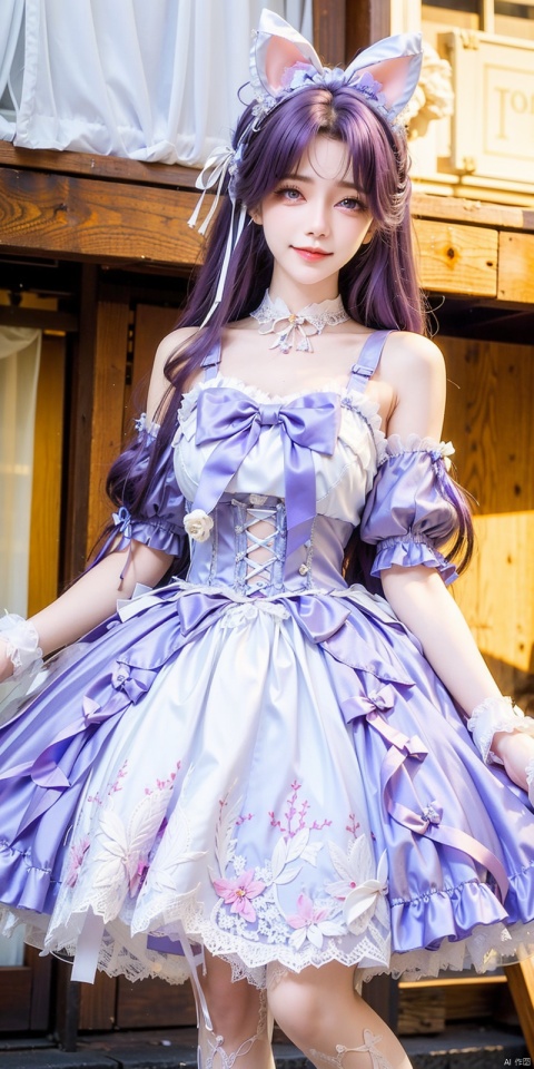  (Good structure), DSLR Quality,Depth of field,kind smile,looking_at_viewer,Dynamic pose, ,(wariza),,Girl, bare shoulders, , boobs, bow tie, ,purple eyes, cat ears, collar, ((Lolita Dress: 1.4)) , blue and white Lolita dress, wrinkled leg outfit, hand-held, lips, nose, shoulders, , alone, long_hair, kind smile, looking at the audience, white leg costume, wrist cuffs, 1girl,,looking_at_viewer, , lolidress, ,, ,purple hair, yunxi