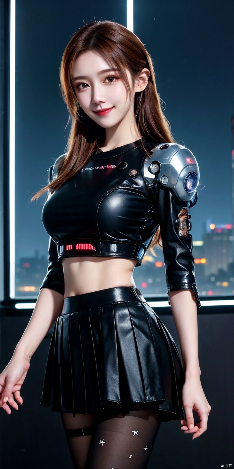 (Good structure),(best quality),masterpiece, clear and delicate picture,bright color,(best illuminate, best shadow),(best illustration), dynamic angle, , thick outline,chibi, detailed eyes, , detailed face, crop top, frilled sleeves, pleated skirt,  cowboy shot,Volumetric Lighting,(outline),(messy cyberpunk room:1.1),window,colourful, neon trim, cyberpunk city, High saturation, clouds and stars sky, Galaxy,((citylight)),kawaiitech,1girl,The eye,colorful_woman,pastel colors,1 girl,,zhennite,cyborg, 1girl, ((poakl)),kind smile,looking_at_viewer, blackpantyhose, cyborg