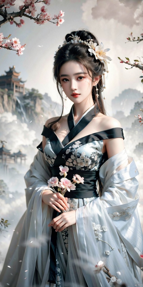  best quality, masterpiece,cowboy_shot,(Good structure),,a girl,xianjing,Off-the-shoulder, bust photo,upper body,Hanfu, Cloud, Smoke,branch,flower, smile,Gaze at the audience, Ink scattering_Chinese style, ((poakl)), ,looking_at_viewer,kind smile, , chinese dress,white dress, liuyifei