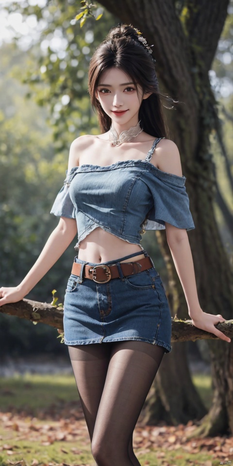 best quality, masterpiece, realistic,full_body,(Good structure), DSLR Quality,Depth of field,kind smile,looking_at_viewer,Dynamic pose, 
 1girl, 3d, bare_shoulders, belt, blurry, blurry_background, blurry_foreground, branch, , , , collarbone, *******_photo, denim, denim_skirt, depth_of_field, , lips, long_hair, looking_at_viewer, midriff, miniskirt, motion_blur, navel, outdoors, photo_\(medium\), realistic, skirt, solo, standing, tree, , , , blackpantyhose, , , , , , , , ,jinpinger