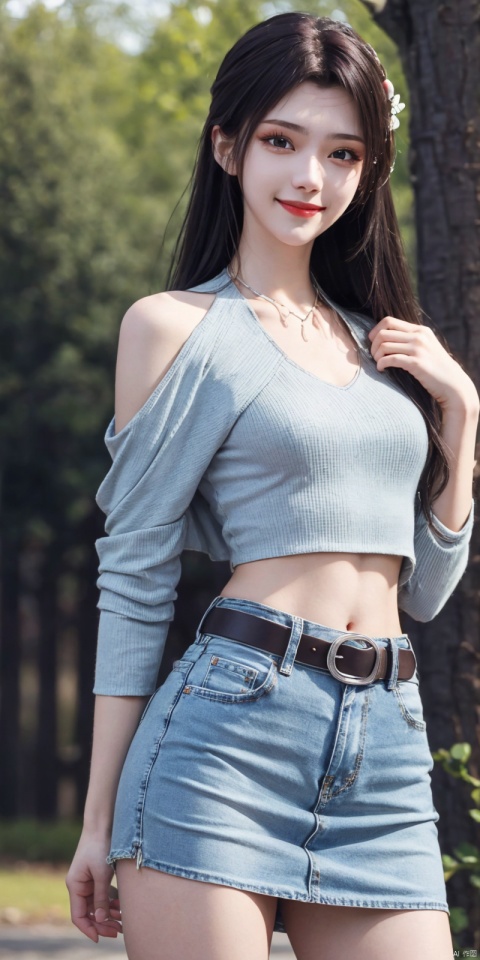  best quality, masterpiece, cowboy_shot,(Good structure), DSLR Quality,Depth of field,kind smile,looking_at_viewer,Dynamic pose,
 1girl, 3d, bare_shoulders, belt, blurry, blurry_background, blurry_foreground, branch, , , , collarbone, cosplay_photo, denim, denim_skirt, depth_of_field, , lips, long_hair, looking_at_viewer, midriff, miniskirt, motion_blur, navel, outdoors, photo_\(medium\), realistic, skirt, solo, standing, tree, , , , , yunyun