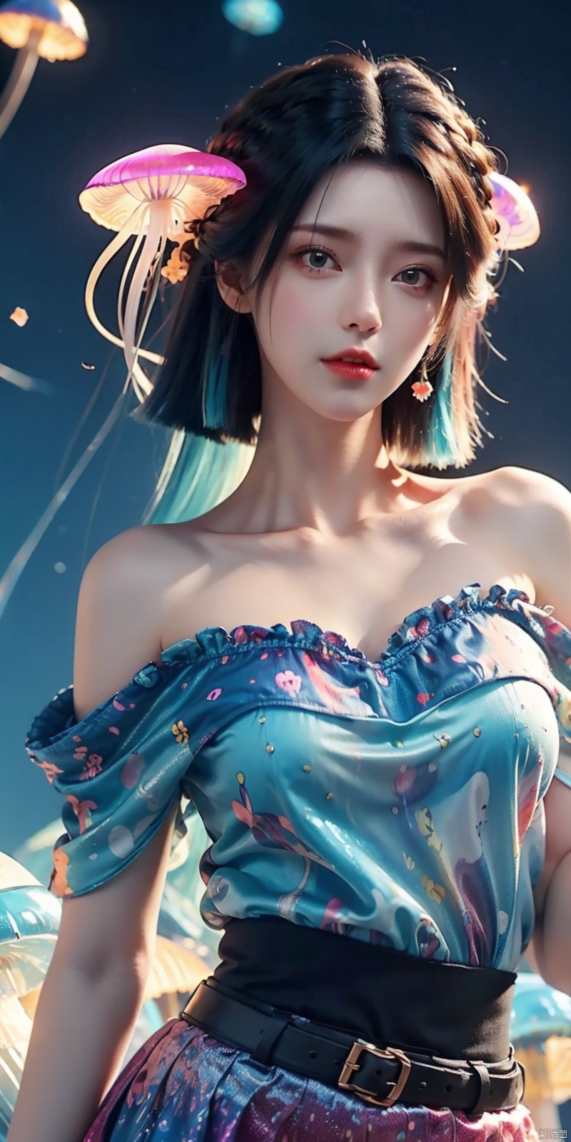  Colorful Girl, 1Girl,Colorful jellyfish, colorful jellyfish floating in the air,Close shot, large jellyfish on head, front, upper body, above thighs, blue **** top dress, complex fluid shaped colored short skirt at waist, off shoulder, colorful print, looking at the camera, colored gradient hair, dark gradient background, depth of field, glow, hand101, 1girl, jiangli