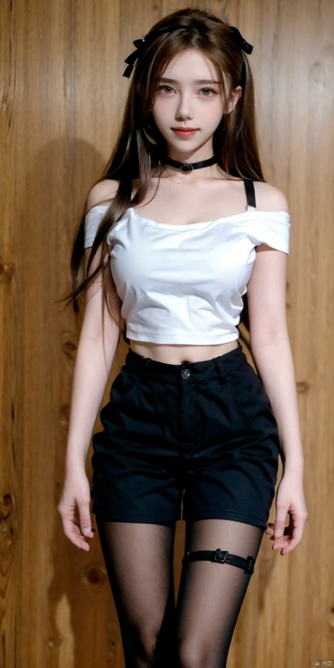 nai3, 1girl, shorts, solo, crop top, choker, pencil skirt, skirt, , navel, shirt, midriff, crop top overhang, looking at viewer, white shirt, jewelry, breasts, cowboy shot, bare shoulders,  off-shoulder shirt, off shoulder, black choker, thighs, stomach, hand on own thigh, long hair, bracelet, short sleeves, ribbon, hand up, collarbone, hair ribbon, medium breasts, standing, , , bra strap, kind smile, hair ornament, thigh gap, bangs, necklace, expressionless,, , heiguafu,brown-hair, blackpantyhose