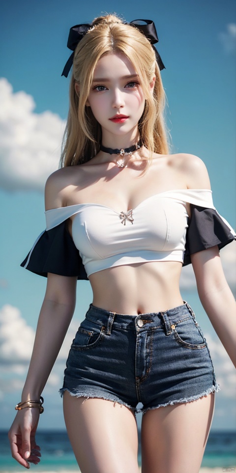  cowboy shot, Blue sky, white clouds, ocean,nai3, 1girl, shorts, solo, crop top, black shorts, choker, navel, shirt, midriff, crop top overhang, looking at viewer, white shirt, jewelry, breasts, bare shoulders, short shorts, off-shoulder shirt, off shoulder, black choker, thighs, stomach, hand on own thigh, long hair, bracelet, short sleeves, ribbon, hand up, collarbone, hair ribbon, medium breasts, standing, high-waist shorts, dolphin shorts, bra strap, , hair ornament, thigh gap, necklace, expressionless, , ,kind smile, blonde hair, qianrenxue