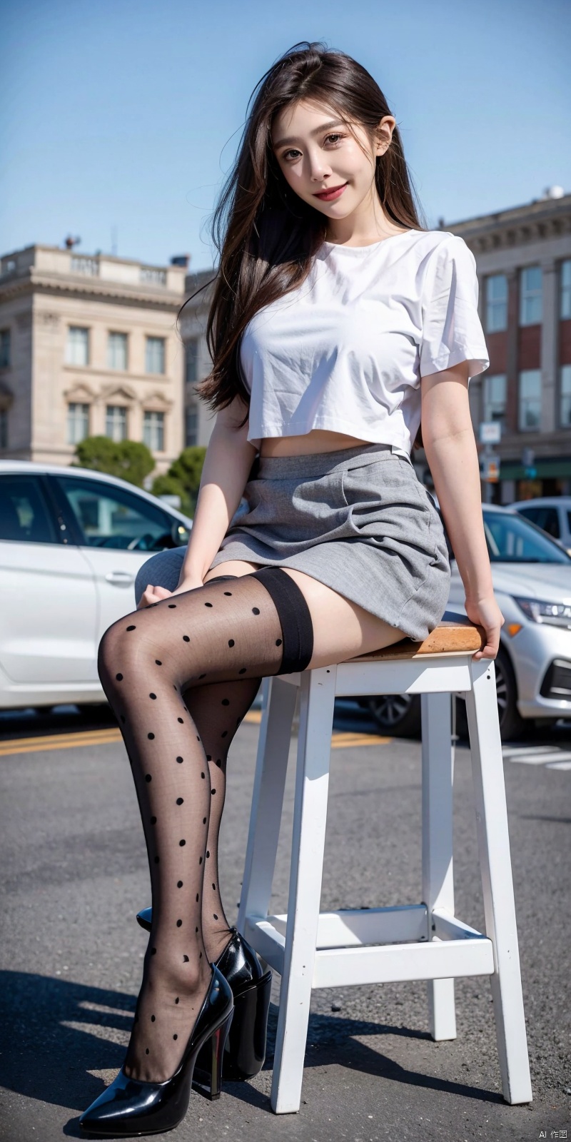  (Good structure),cowboy_shot, DSLR Quality,Depth of field ,looking_at_viewer,Dynamic pose, , kind smile,,（midynight, Acura, 8K, tmasterpiece： 1.3）, outdoor,cowboy_shot,
full bodyesbian, long leges, Focalors： 1.2, perfect figure beautiful woman： 1.4, Slim abs： 1.1, , （Light purple skinny T-shirt, short  skirt,sitting on a stool： 1.2）, （city , the roof： 1.3））, Highly Detailed Face andSkinTextur,detailedeyes,, blackpantyhose, polkadot,printlegwear,argylelegwear,1girl,high heels,,,thighhighs, , Detail,, 1girl, , , aomei