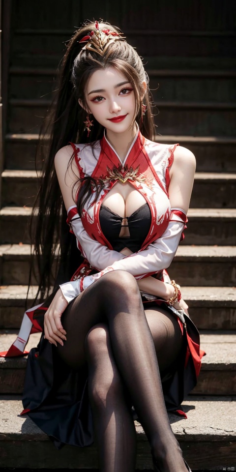 best quality, masterpiece, realistic ,(Good structure), DSLR Quality,Depth of field,kind smile,looking_at_viewer,Dynamic pose, 
1girl, solo, long hair, breasts, black hair, dress, cleavage, medium breasts, sitting, pantyhose, shoes, high heels, see-through, hand on hip, crossed legs, lipstick, stairs, sitting on stairs, jiujiu