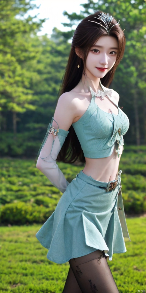  best quality, masterpiece, cowboy_shot,(Good structure), DSLR Quality,Depth of field,kind smile,looking_at_viewer,Dynamic pose,
 1girl, 3d, bare_shoulders, belt, blurry, blurry_background, blurry_foreground, branch, , , , collarbone, cosplay_photo, denim, denim_skirt, depth_of_field, , lips, long_hair, looking_at_viewer, midriff, miniskirt, motion_blur, navel, outdoors, photo_\(medium\), realistic, skirt, solo, standing, tree, , , , blackpantyhose, , , , yanruyu