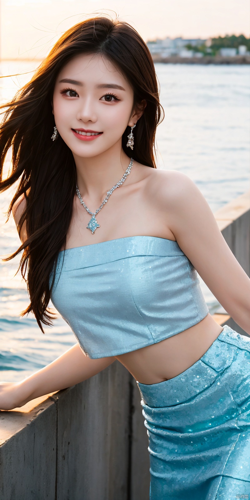  best quality, masterpiece, realistic,cowboy_shot,(Good structure), DSLR Quality,Depth of field,kind smile,looking_at_viewer,Dynamic pose, 
1girl, solo, long hair, , looking at viewer, skirt, hair ornament, bare shoulders, jewelry, , black hair, earrings, outdoors, midriff, water, necklace, lips, crop top, grey eyes, leaning forward, ocean, white skirt, strapless vest, sunset, sun, ,blue dress