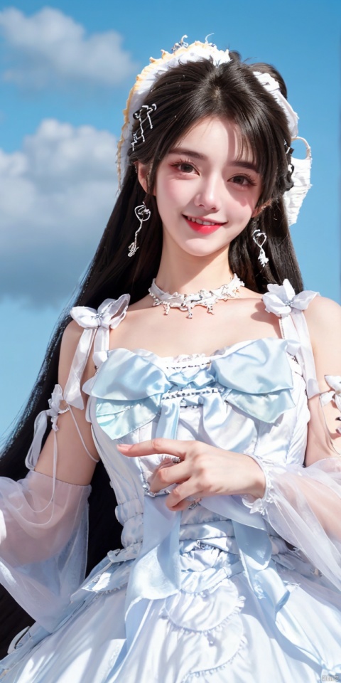  (Good structure), DSLR Quality,Depth of field,kind smile,looking_at_viewer,Dynamic pose, ,(wariza),,Girl, bare shoulders, , boobs, bow tie ,black eyes, collar, Blue sky, white clouds, beaches, seawater, crystal stones,((Lolita Dress: 1.4)) , blue and white Lolita dress, wrinkled leg outfit, hand-held, lips, nose, shoulders, , alone, long_hair, kind smile, looking at the audience, white leg costume, wrist cuffs, 1girl,,looking_at_viewer, , lolidress, qingyi