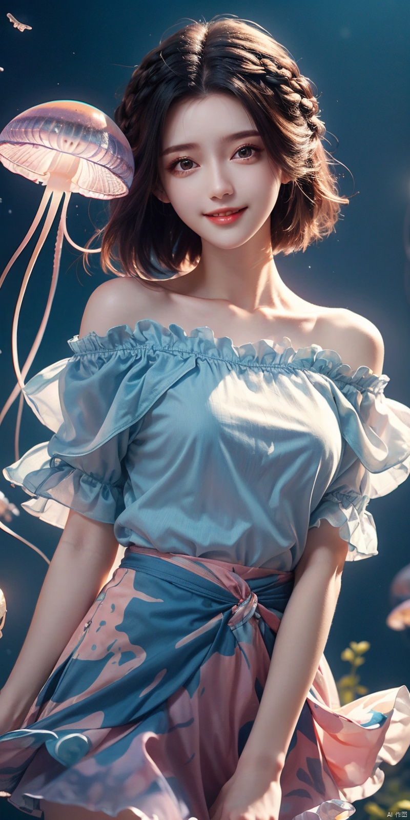  best quality, masterpiece, cowboy_shot,(Good structure), DSLR Quality,Depth of field,kind smile,looking_at_viewer,Dynamic pose, 
Colorful Girl, 1Girl,Colorful jellyfish, colorful jellyfish floating in the air,Close shot, large jellyfish on head, front, upper body, above thighs, blue **** top dress, complex fluid shaped colored short skirt at waist, off shoulder, colorful print, looking at the camera, colored gradient hair, dark gradient background, depth of field, glow, hand101, 1girl, jiangli