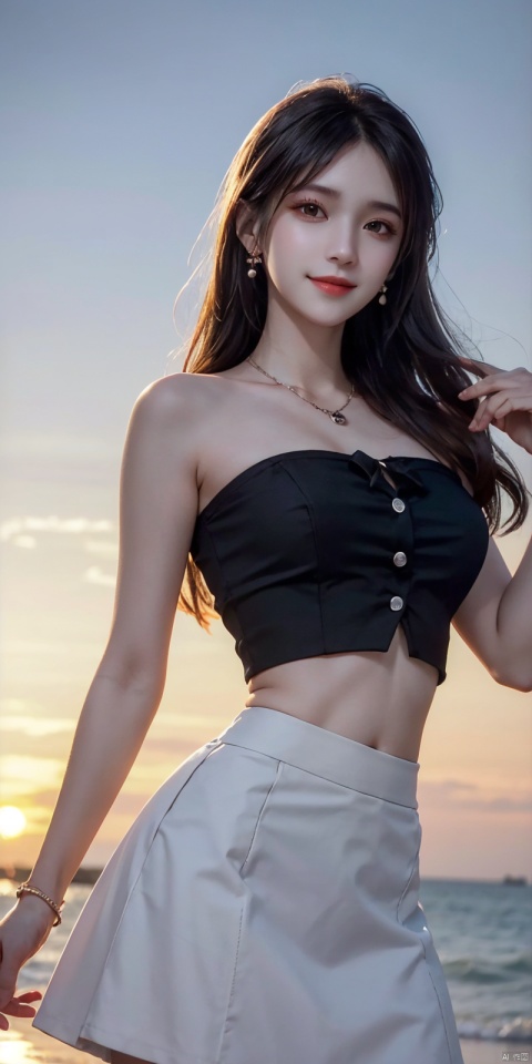  (Good structure),cowboy_shot, DSLR Quality,Depth of field ,looking_at_viewer,Dynamic pose, , kind smile,,
1girl, solo, long hair, , looking at viewer, skirt, hair ornament, bare shoulders, jewelry, , black hair, earrings, outdoors, midriff, water, necklace, lips, crop top, grey eyes, leaning forward, ocean, white skirt, strapless vest, sunset, sun, , , xuxin