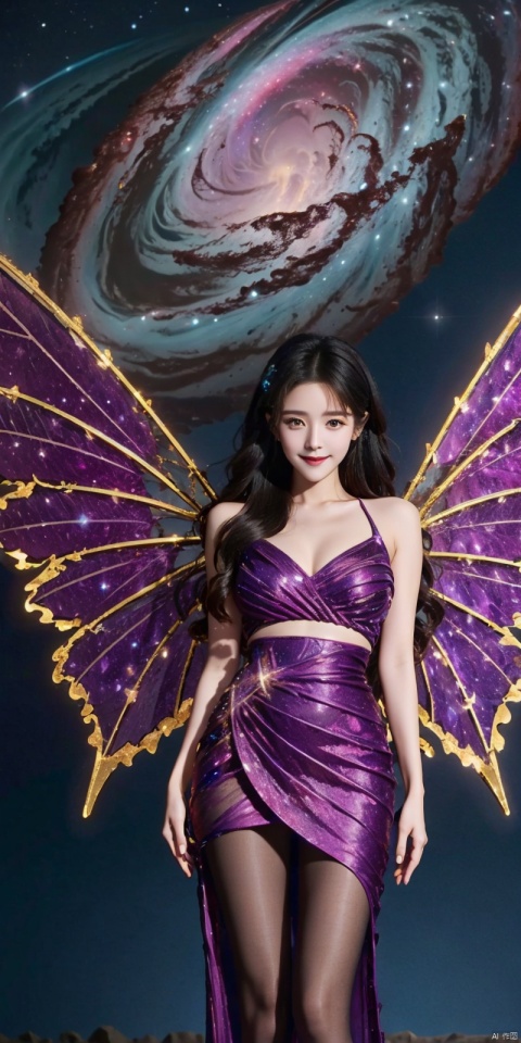  (Good structure), DSLR Quality,Depth of field,kind smile,looking_at_viewer,Dynamic pose, 1girl, wings, solo, nebula wings, breasts, , long hair, navel, dress, pink wings, looking at viewer, star , , , bare shoulders, sky, starry sky, collarbone, realistic, nebula, ((poakl)),,, purple dress, blackpantyhose, babata,blue_hair