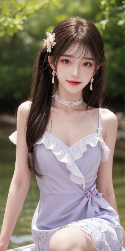 best quality, masterpiece, realistic,cowboy_shot,(Good structure), DSLR Quality,Depth of field,kind smile,looking_at_viewer,Dynamic pose, 
1girl, solo, long hair, breasts, looking at viewer, bangs,   hair ornament, dress, ribbon,  , bare shoulders, twintails, jewelry, medium breasts, sitting, very long hair,  collarbone, hair ribbon, flower, thighs, earrings, outdoors, parted lips, sleeveless, choker, hand up, hair flower, water,  white dress, bare arms, petals,  , sleeveless dress, black choker, short dress, frilled dress, white flower, purple ribbon, spaghetti strap,
 ,huolinger