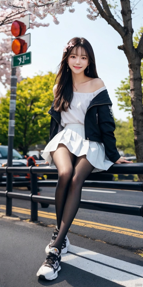  best quality, masterpiece, realistic,,(Good structure), DSLR Quality,Depth of field,kind smile,looking_at_viewer,Dynamic pose, 
 1girl, solo, looking at viewer, smile, , , bangs, skirt, shirt, hair ornament, long sleeves, jewelry, sitting, , jacket,, white shirt,, flower,, pleated skirt, earrings, outdoors, open clothes, sky, shoes, , day, cloud, , off shoulder, black footwear, two-tone hair, open jacket, tree, blue sky, streaked hair, black jacket, bare legs,  white skirt, x hair ornament, plant, cherry blossoms, building, sneakers, pink flower, sign, aircraft, road sign, contrail, traffic light
 , blackpantyhose,yaoye