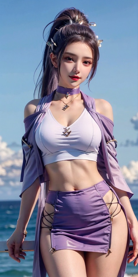 cowboy_shot,(Good structure),, Blue sky, mini skirt,white clouds, ocean,nai3, 1girl, , solo, crop top,  choker, navel, , midriff, crop top overhang, looking at viewer, , jewelry, breasts, bare shoulders, , off-shoulder shirt, off shoulder, black choker, thighs, stomach, , long hair, bracelet, short sleeves, ribbon, , collarbone, hair ribbon, medium breasts, ,,  bra strap, , hair ornament, thigh gap, necklace,  , ,kind smile, , , hanyue, high ponytail, purple hair,Dynamic pose